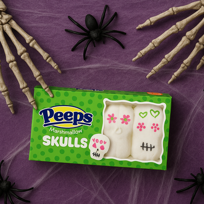 Enhanced quality Peeps marshmallow skulls with original design preserved